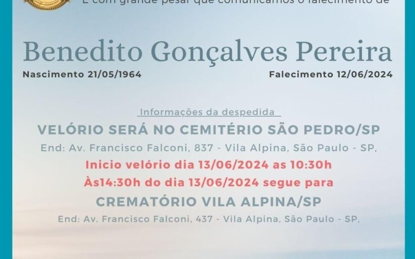 Nota de Falecimento - Benedito Gonçalves Pereira