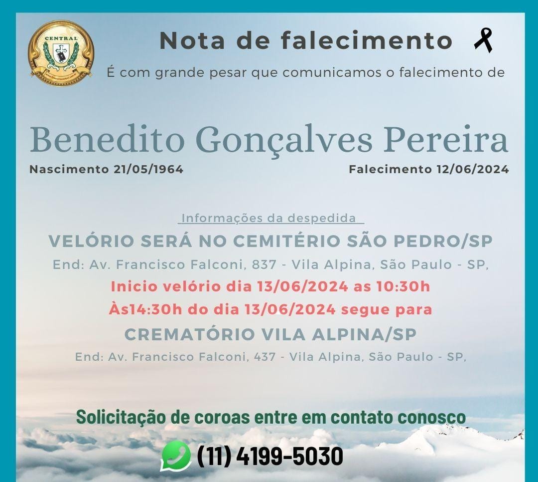 Nota de Falecimento - Benedito Gonçalves Pereira