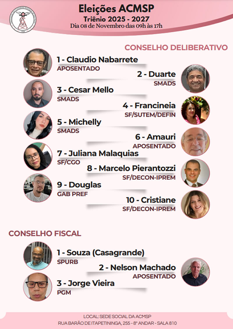 Nossos candidatos aos cargos de Conselheiros (triênio 2025/2027).